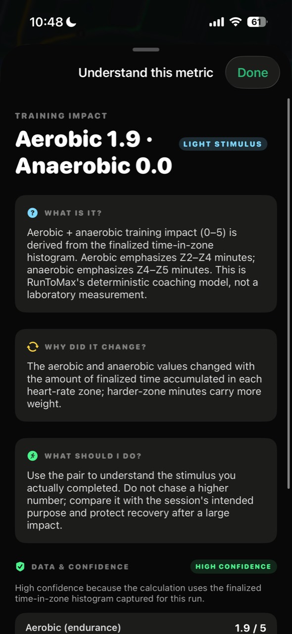 RunToMax iPhone metric explanations screen