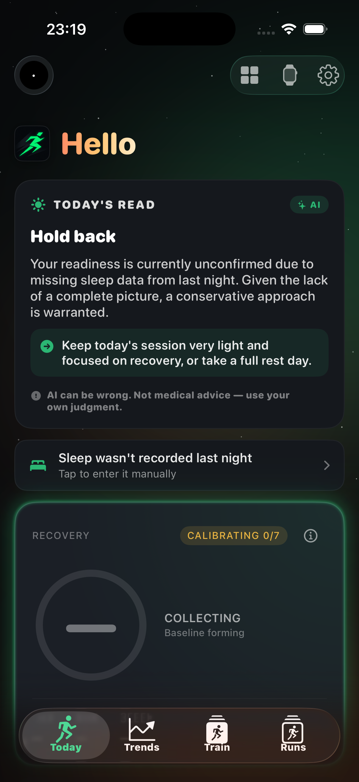 RunToMax iPhone Today dashboard — daily readiness read, AI coaching guidance, and recovery status