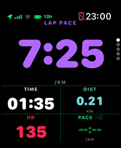 RunToMax Apple Watch run screen — Pace · time · distance · HR