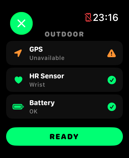 RunToMax Apple Watch run screen — GPS · HR · battery, pre-run check