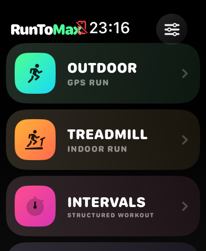 RunToMax workout selection screen on Apple Watch — outdoor, treadmill, intervals