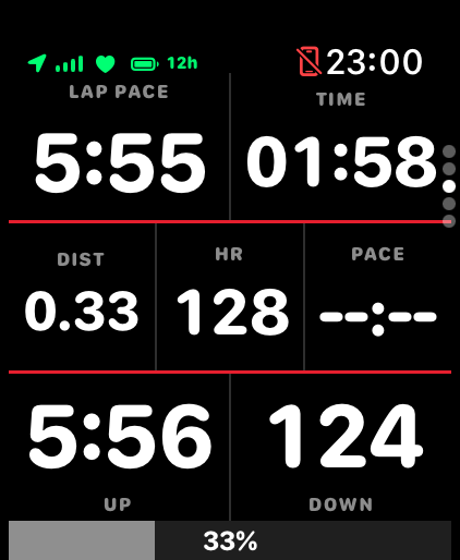 RunToMax Apple Watch run screen — Lap · HR · up/down · % done